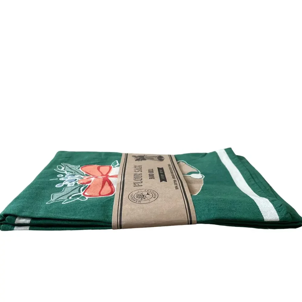 MAHOGANY Set of 2 Holiday Jingle Bell Flour Sack Kitchen Towels Christmas Green